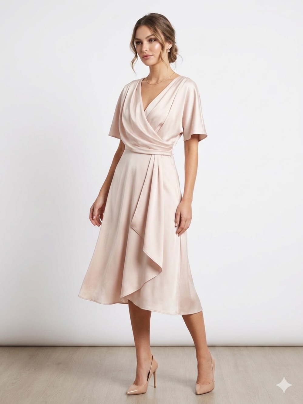 Taylor Champagne Satin Wrap Dress | Size 6P | Flutter Sleeve Midi